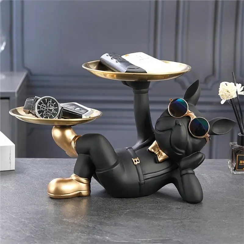 TFORU-Tray Nordic Resin Bulldog Animal Statue Dog Statue Key Holder Storage Jewelry Animal Tray Home Decoration