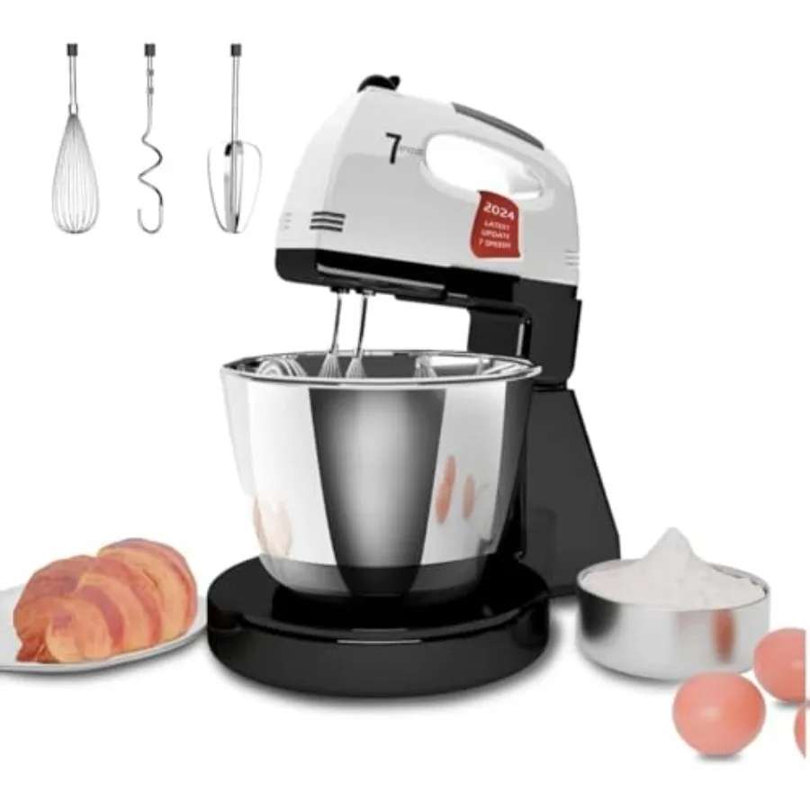 Stand Mixers 7 Speeds With 3QT Stainless Steel Bowl Stand and Hand Mixer with Dough Hook Whisk Mixing Beater for Baking Cake Co