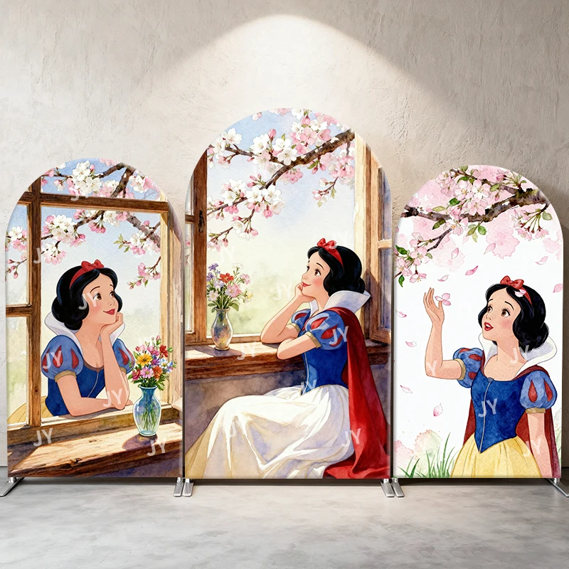 

Snow White Cherry Blossom Window Arch Backdrop Cover Watercolor Scene Princess Theme Kids Birthday Party Photo Booth Background