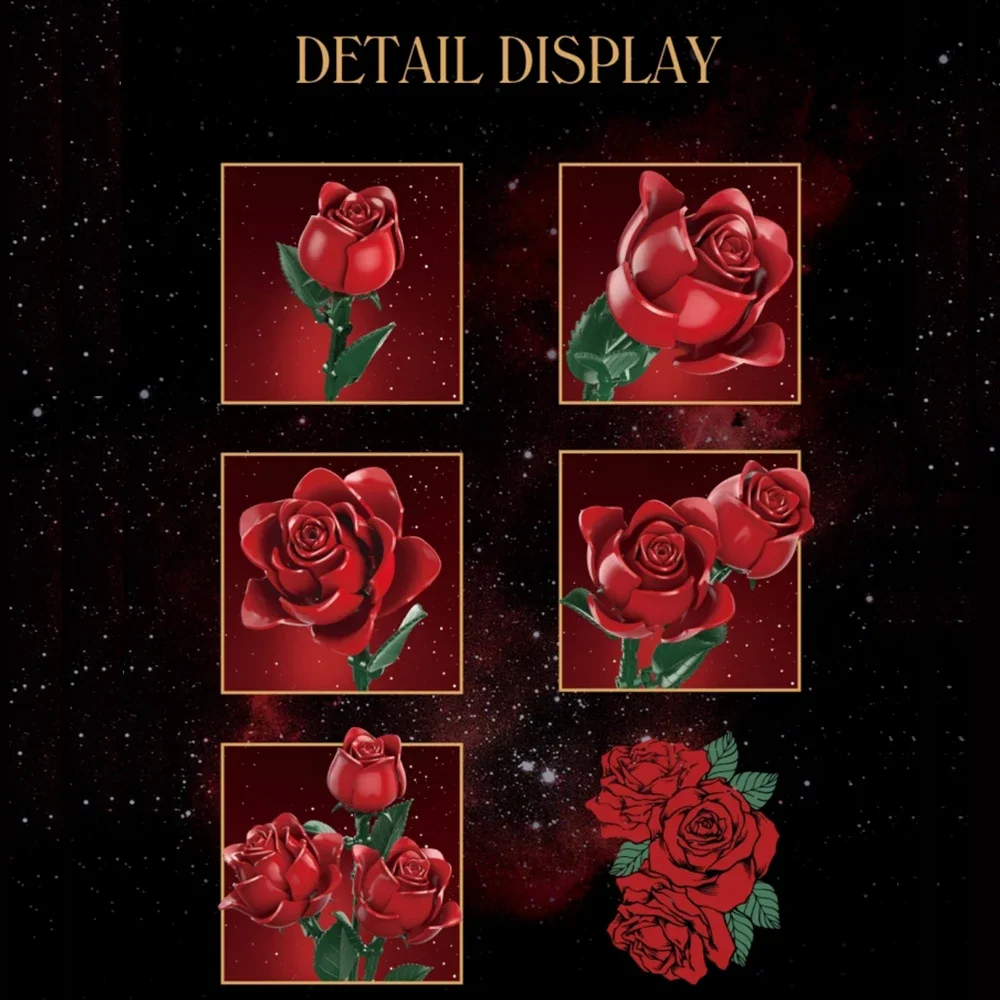 Romantischer Rosenstrauß, 546-teiliges Bausteine-Set, Valentinstag, Weihnachtsgeschenk, ihr kreatives Ausstellungsmodell, Heimdekoration, schöne Box