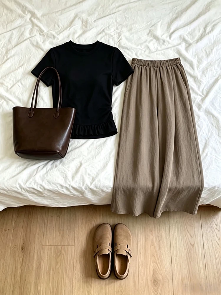 Slimming High Waist Casual Women's T-Shirt Short Sleeve Two-Piece Set Commute Style Summer New Arrival Black Top Pants