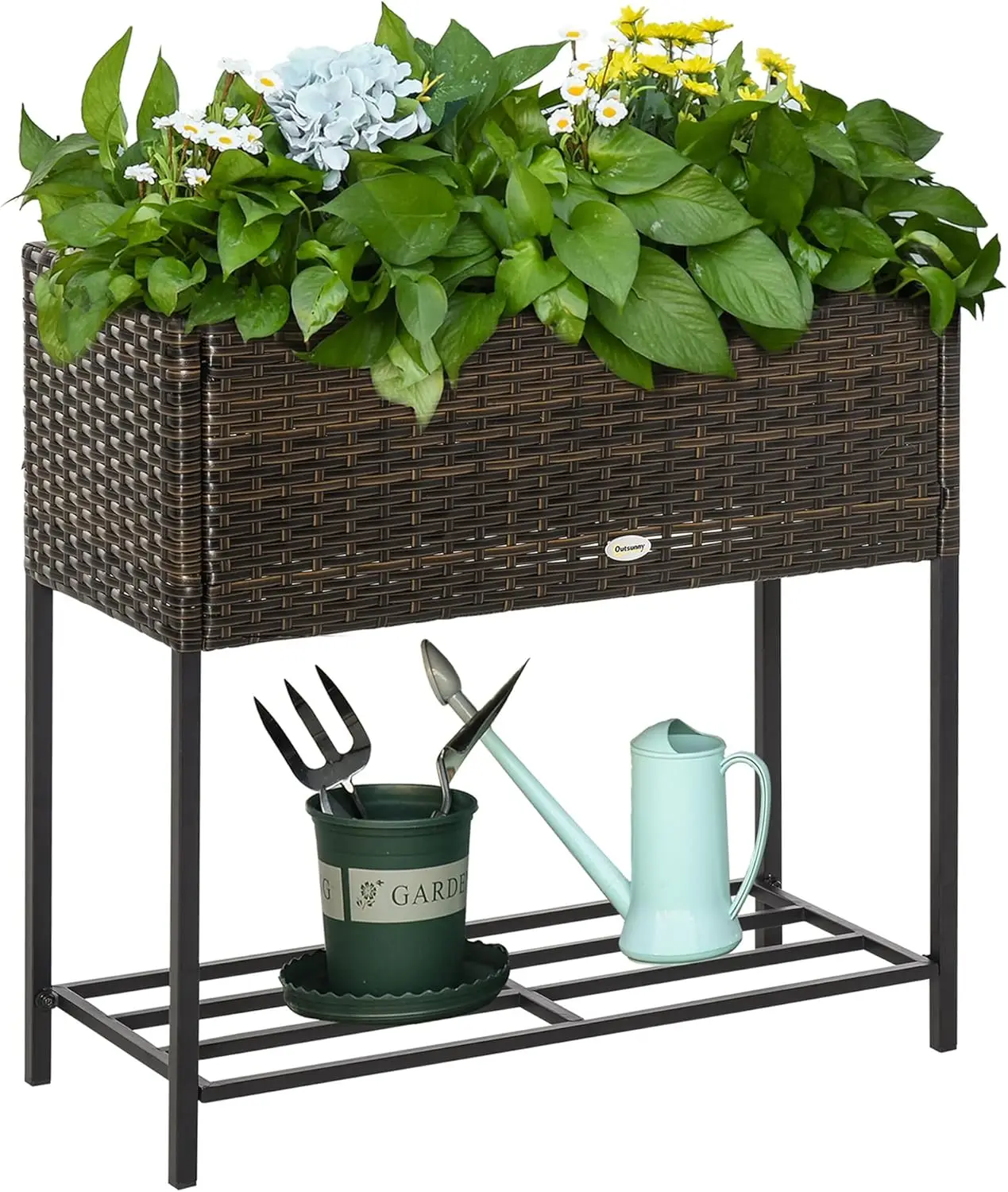 

Raised Garden Bed, Elevated Planter Box with Rattan Wicker Look, Tool Storage Shelf, Portable Design for Herbs, Vegetables, Flow