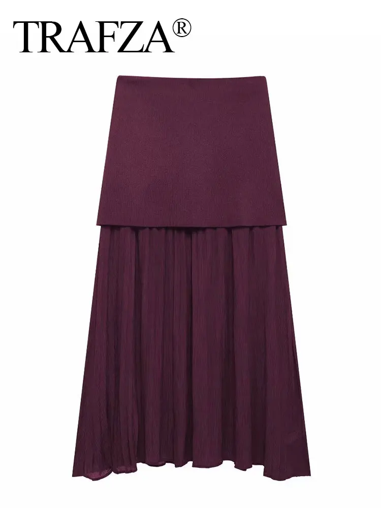 TRAFZA Elegant Midi Skirt For Women Fashion Solid A-line High Waist Pleated Side Zipper Long Skirt Vintage Skirts Chic Bottom