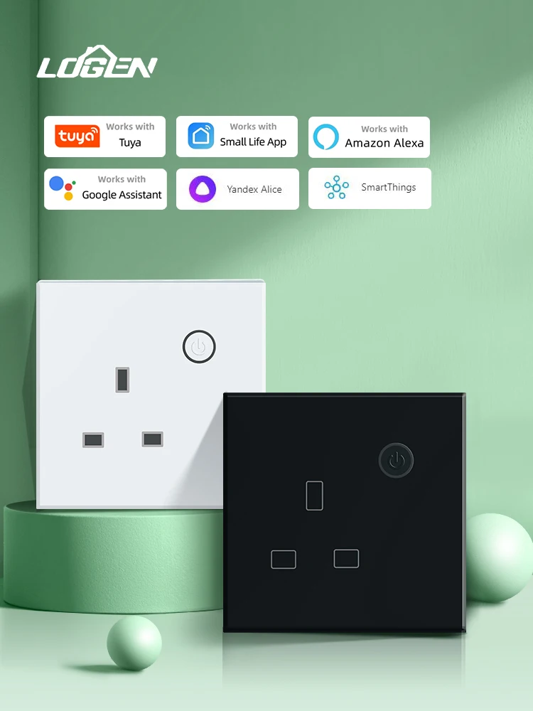 Logen WiFi UK Smart Socket Timing Schedule Plastic Energy Monitoring Socket Neutral Wire 13A Tuya Smart Life Alexa Control 220V