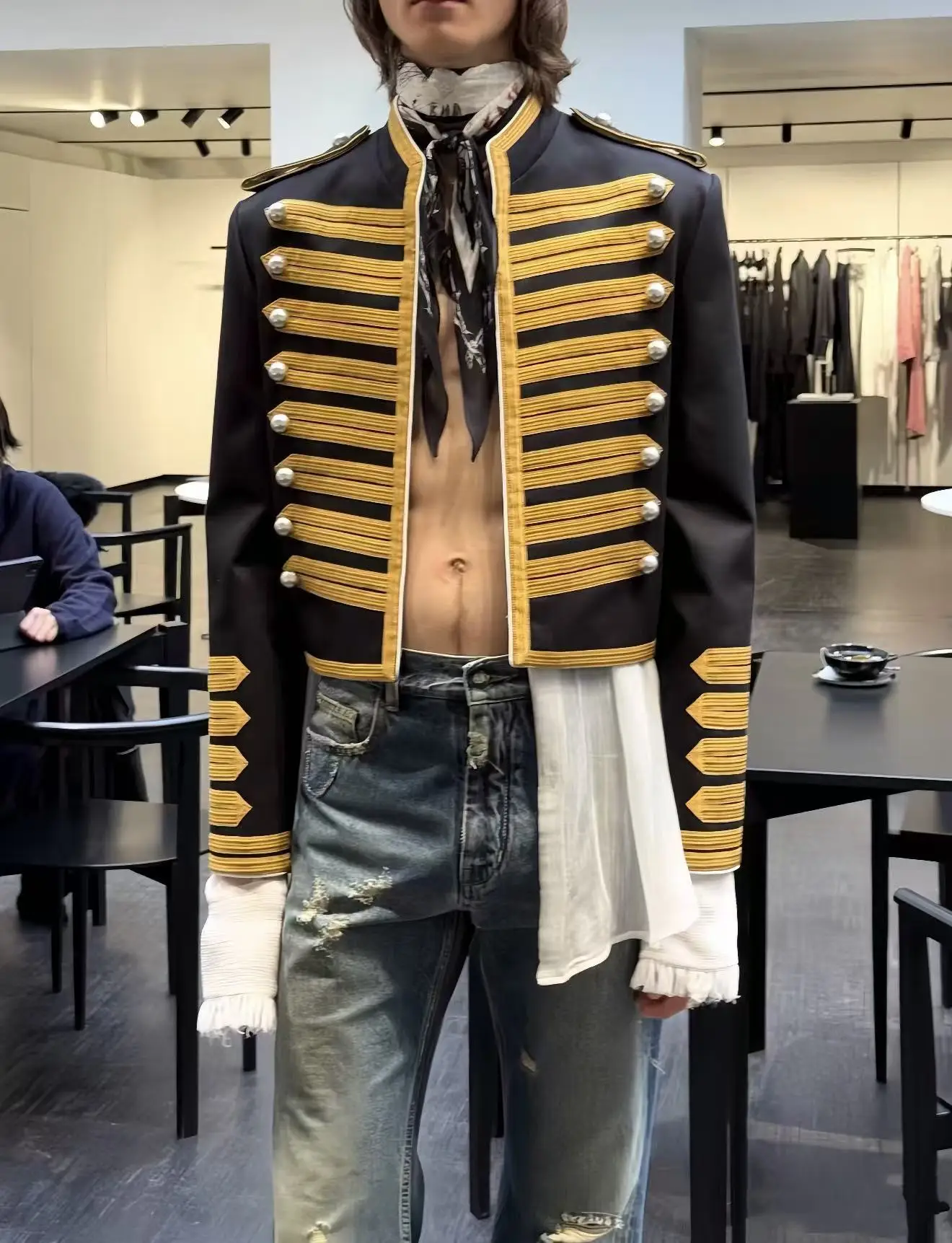 ANN Milan Limited Show Piece Black & Gold Webbing Napoleon Cropped Court Jacket, Two-tone