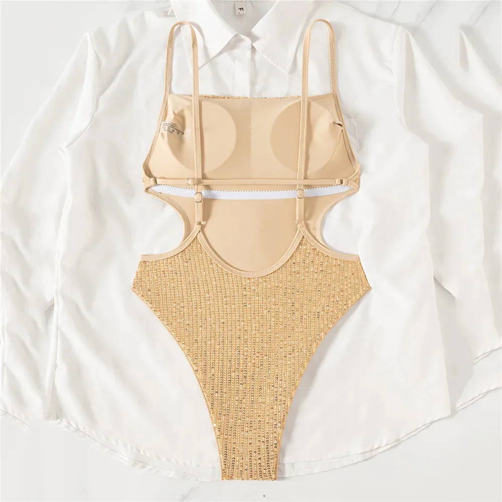 Gold Sequin Shiny Backless Swimwear One Piece Sexy Swimsuit Women 2026 Bathing Suit Side Waist Hollow Out Monokini Swimming Suit