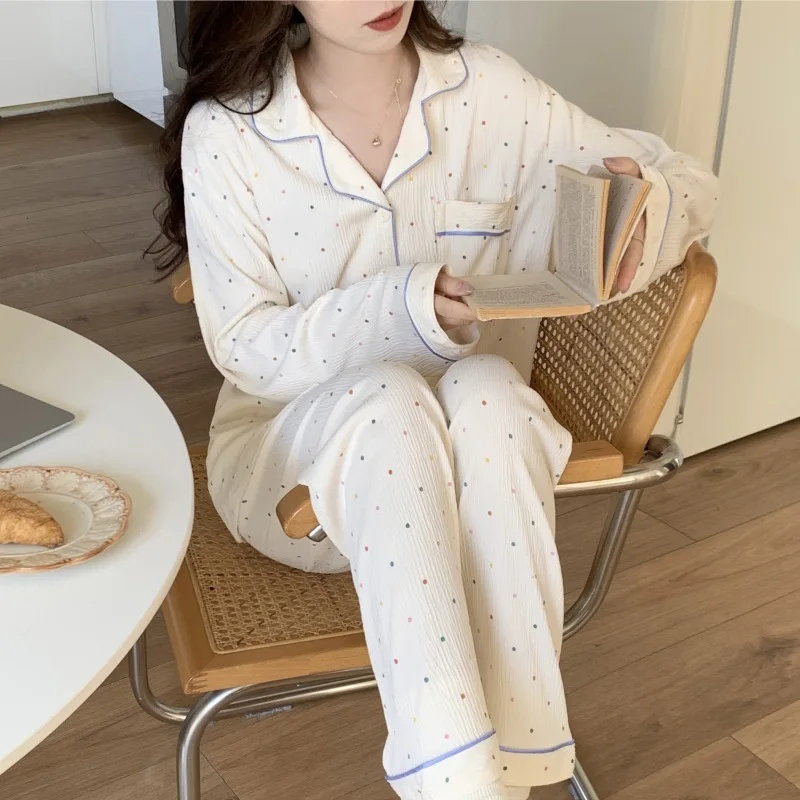 Spring and Autumn Ladies Imitation Cotton Wrinkled Lapel Cardigan Long-Sleeved Pajamas Set College Style Sweet Cute Loose Homewe