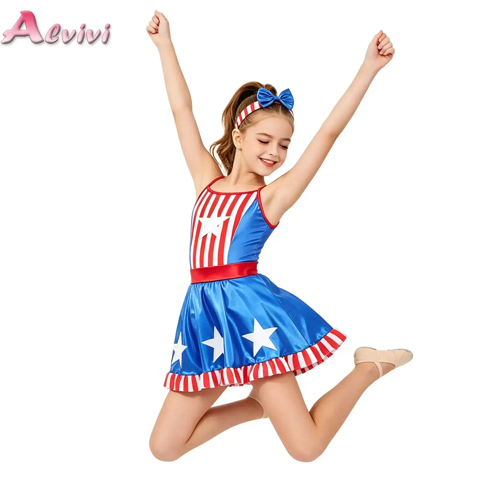 Kids Girls July 4th Independence Day Dress and Bow Headband Set Stars Striped Metallic Ballet Sling Dress for Halloween Cosplay