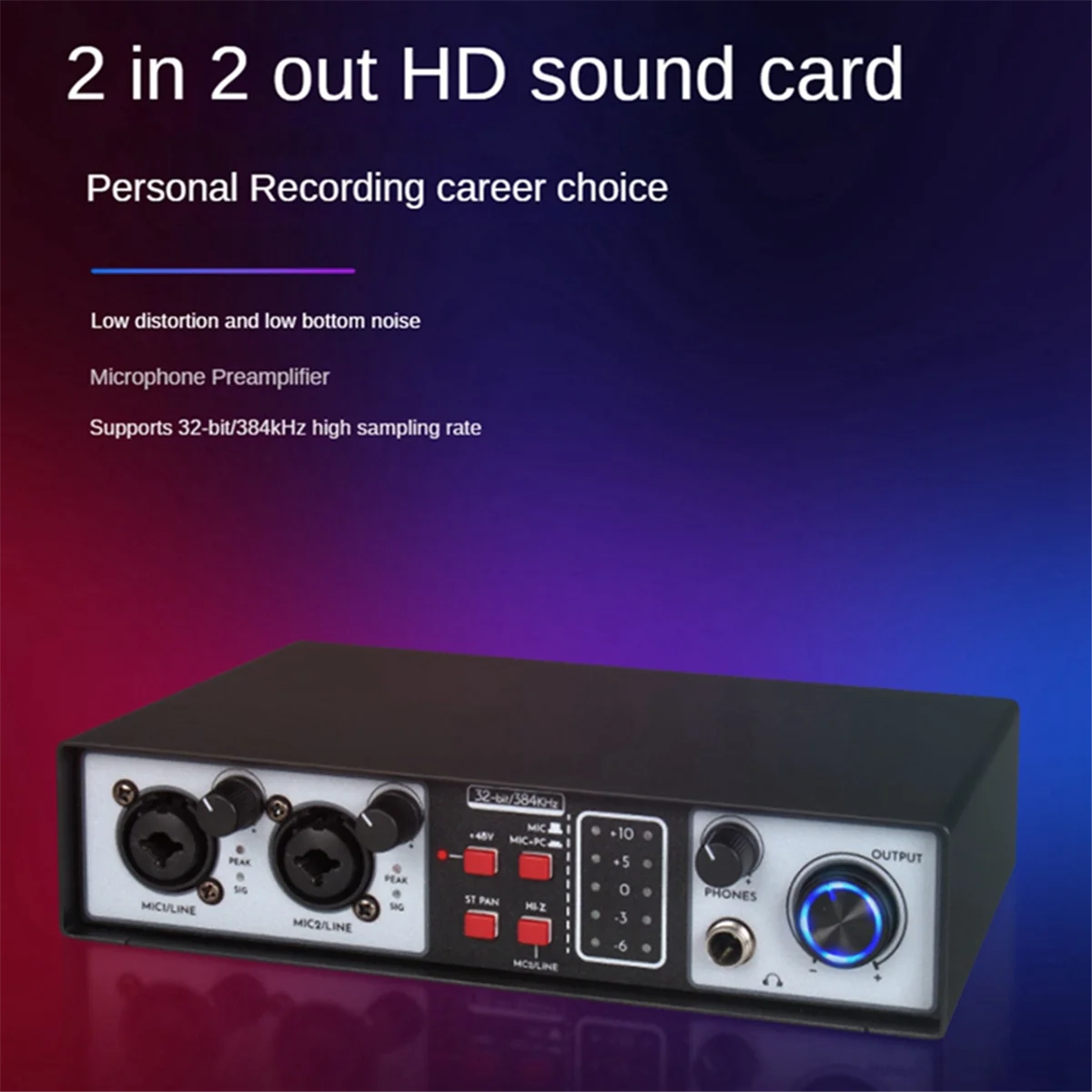 2 in 2 Out USB Audio Interface 32Bit/384KHZ Studio Kit Record Professional Sound Card 48V Phantom