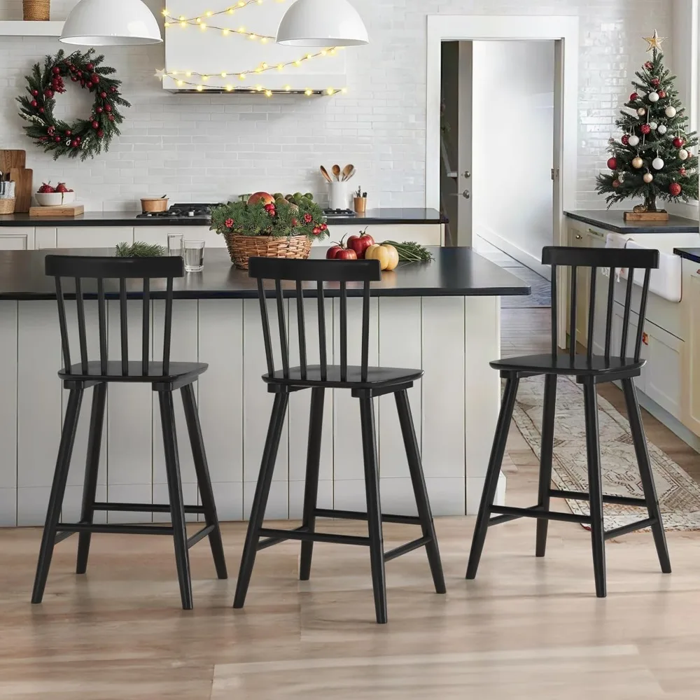 Windsor Wooden Bar Stools Set of 3 for Kitchen Island, Farmhouse 24 Inch Counter Height Stools Chairs with Spindle Back