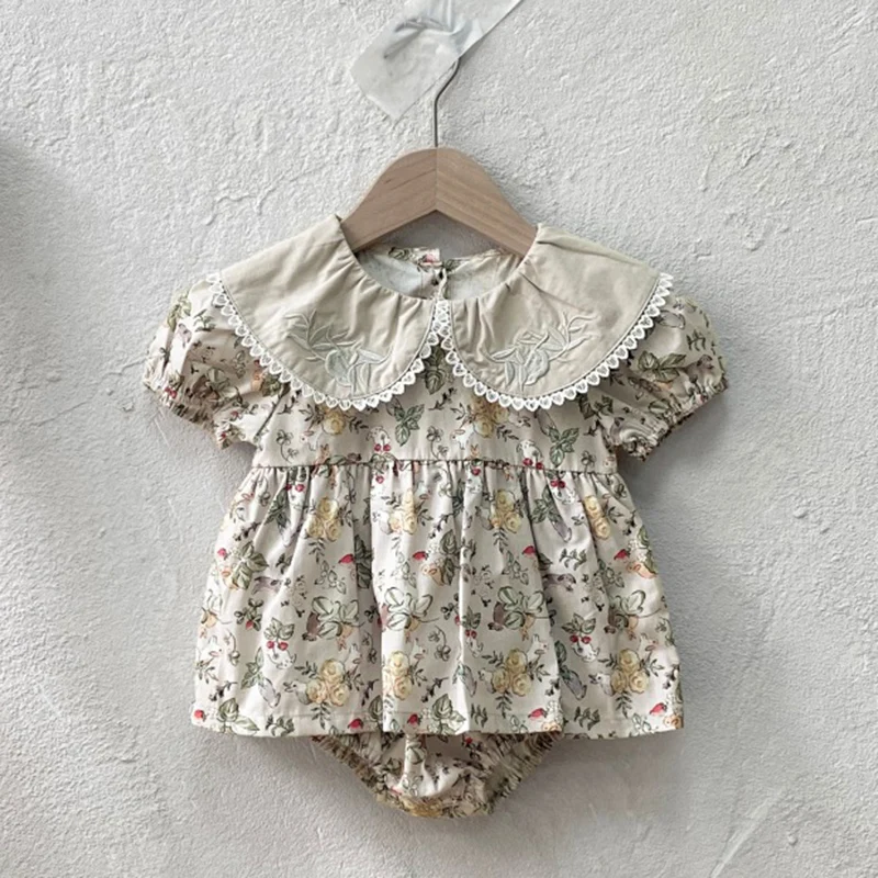 2024 New Summer 0-24M Baby Girl Clothing Korean Style Climbing Suit Short Sleeved Cotton Print Infant Baby Girls Bodysuits