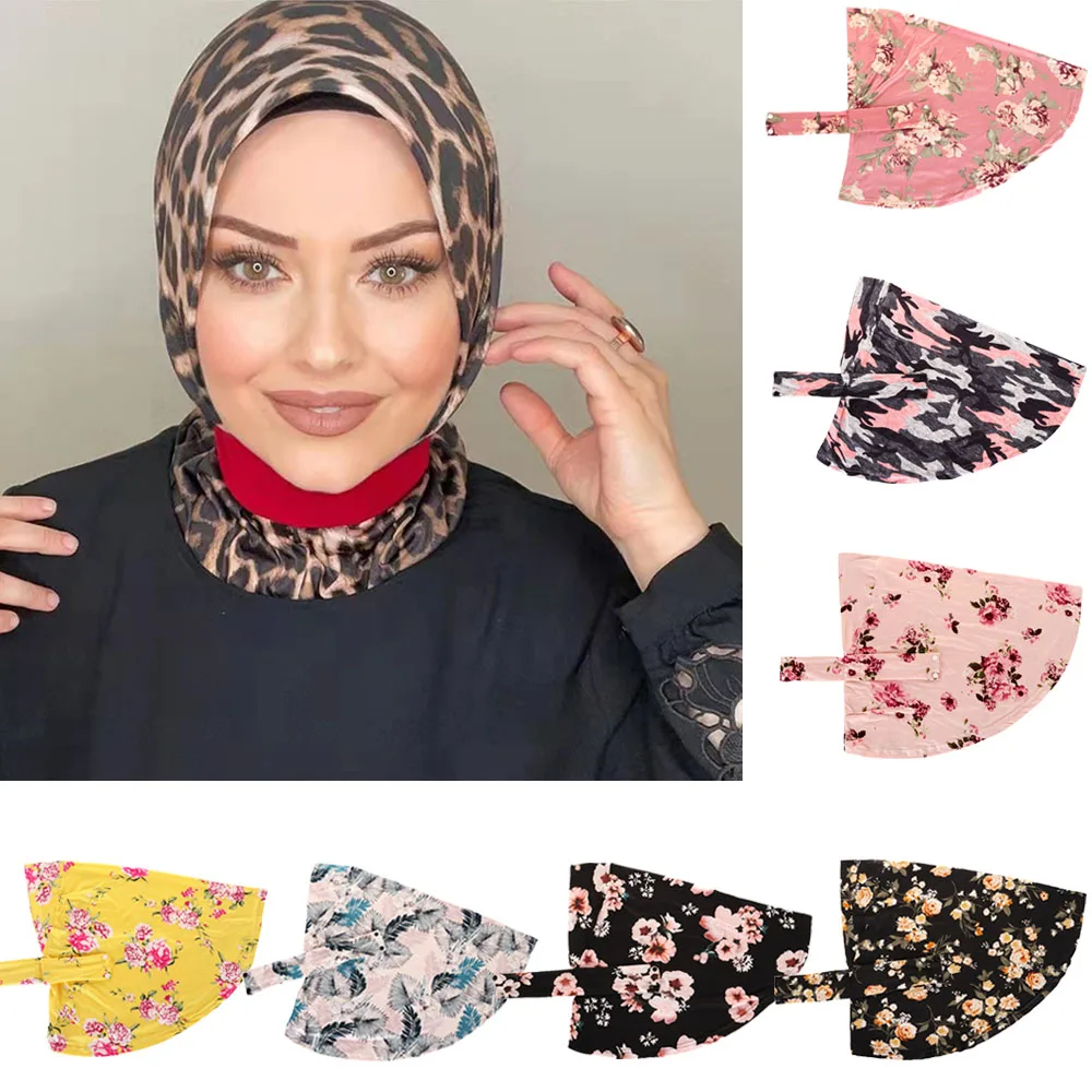 

Full Cover Women Muslim Print Elastic Strech Buttons Hijab Turban Inner Cap Amira Hat Underscarf Islamic Head Wrap Adjustable