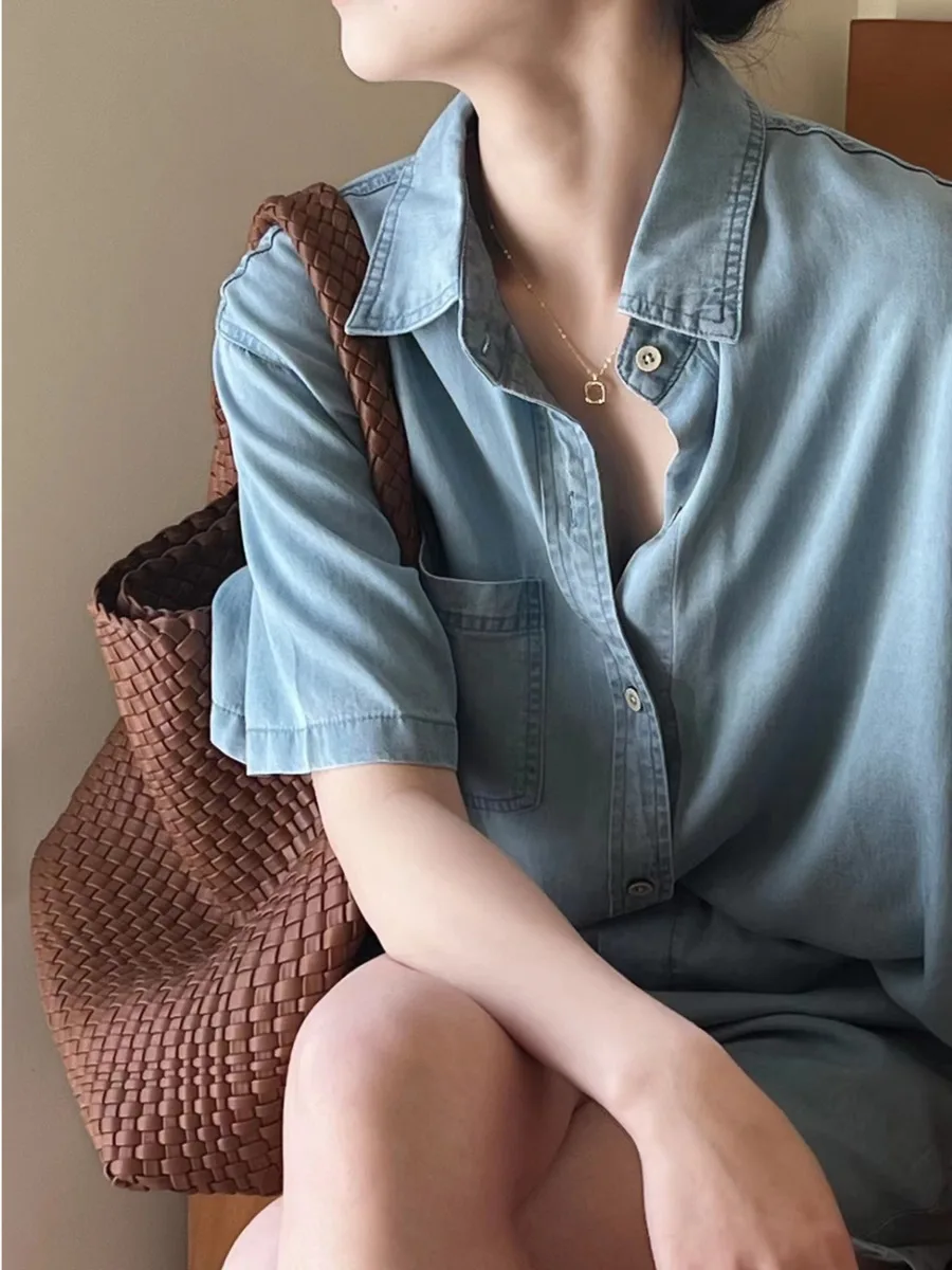 Chic Summer Denim Outfits Women Short Sleeve Blouse Top and Cotton Jeans Shorts Loose Casual Simple 2PCS Clothes Set