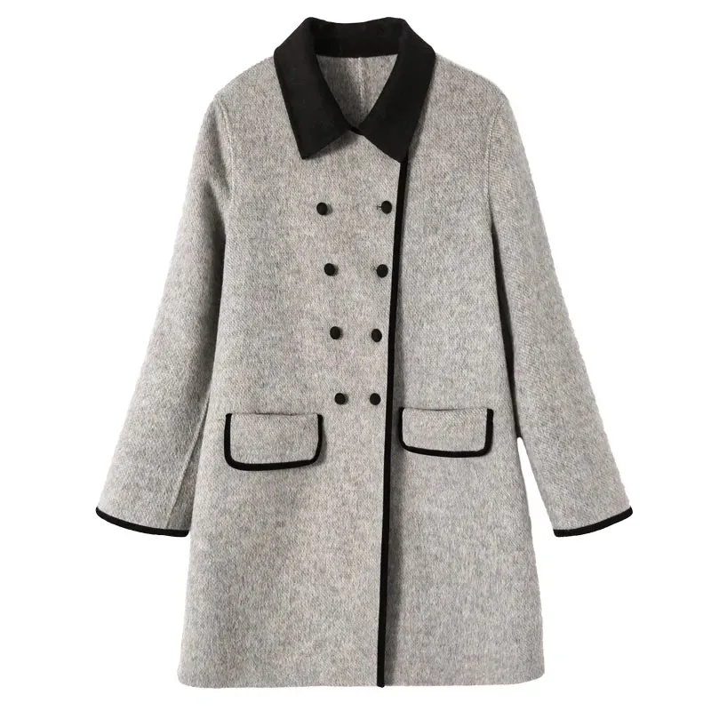 

Autumn Winter Mid-Long Woolen Coat Women 2023 New Fashion Loose Turndown Collar Double-Breasted Outwear Overcoat Parka Female