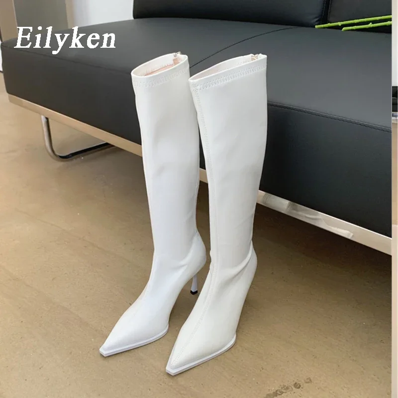 Eilyken Winter Sexy Pointed Toe High Heels Knee High Boots Women Elastic Fabric Modern Long Botas Largas De Mujer