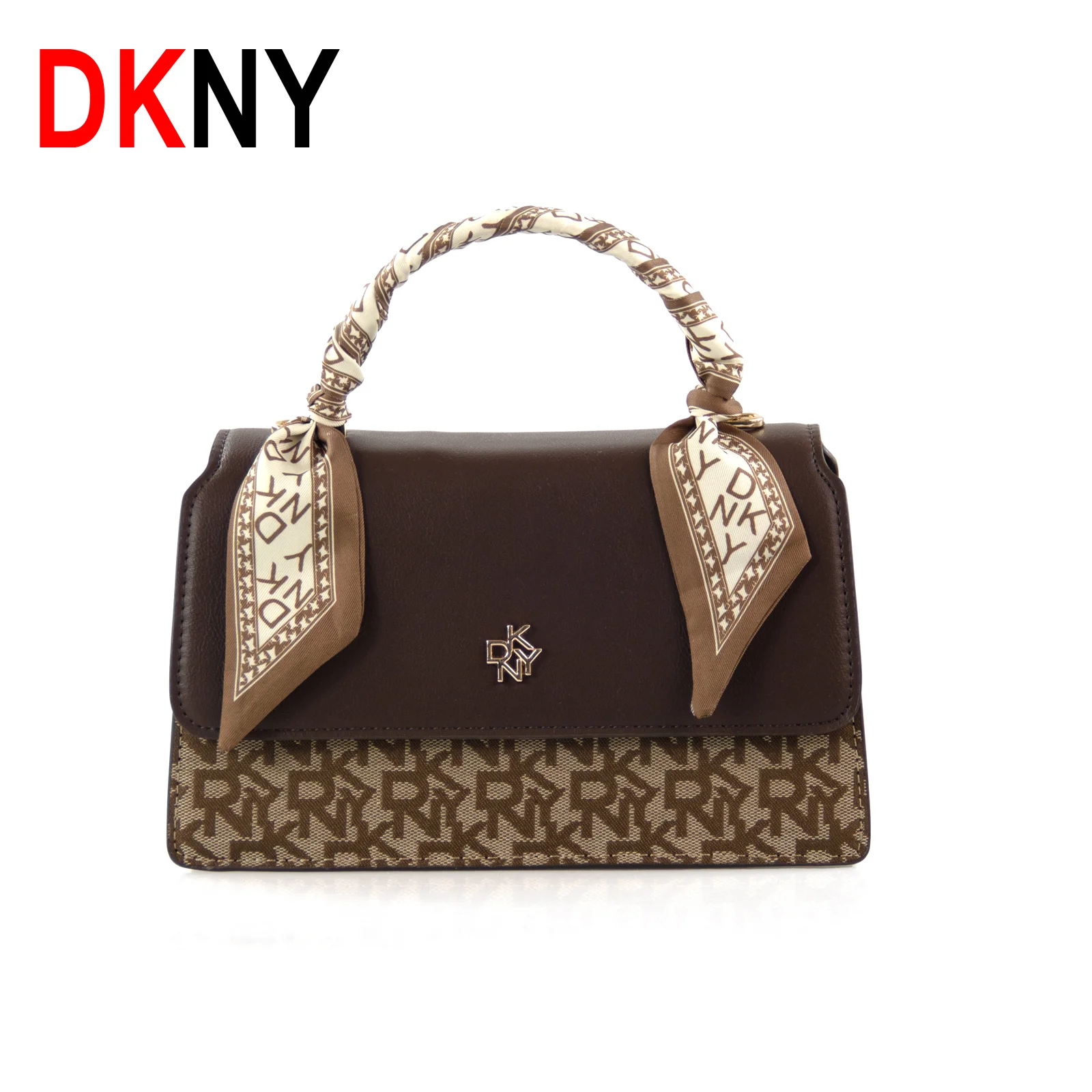 Women Flap Top Handle Handbag Embossed Monogram Decor Silk Scarf Ornament Detachable Adjustable Strap Crossbody Shoulder Purse