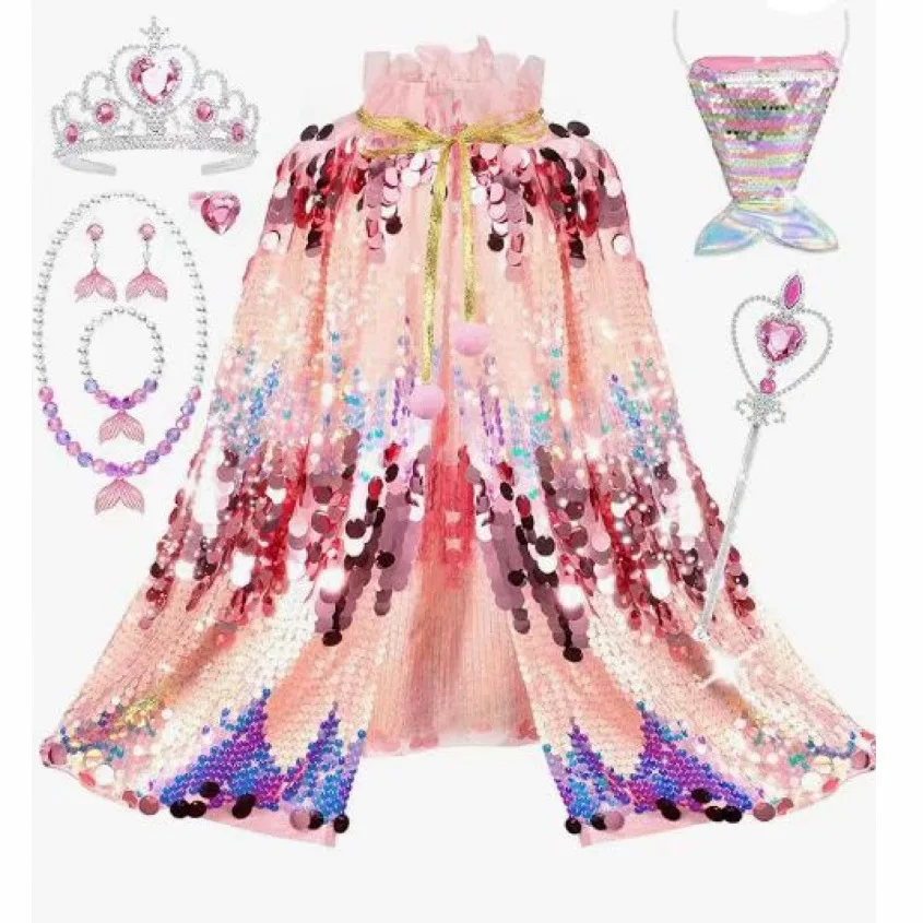 Girls Rainbow Glitter Mermaid Princess Style Tulle Cape Set With Jewelry Crown Wand Handbag Cloak For Birthday Halloween Party