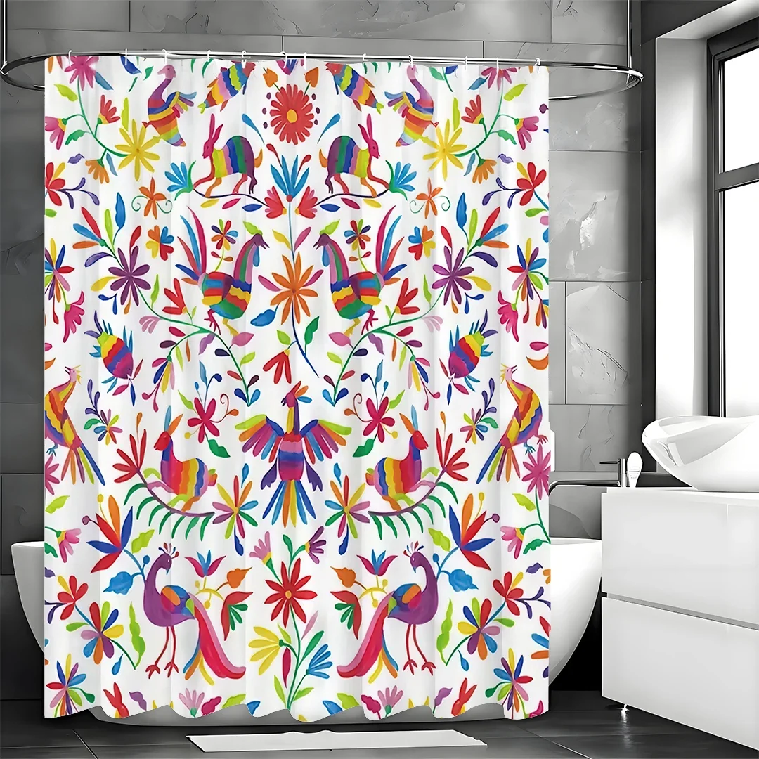 Mexican Traditional Style Floral Bluebird Ottomix Flower Shower Curtain, Waterproof with Hooks Shower Curtain