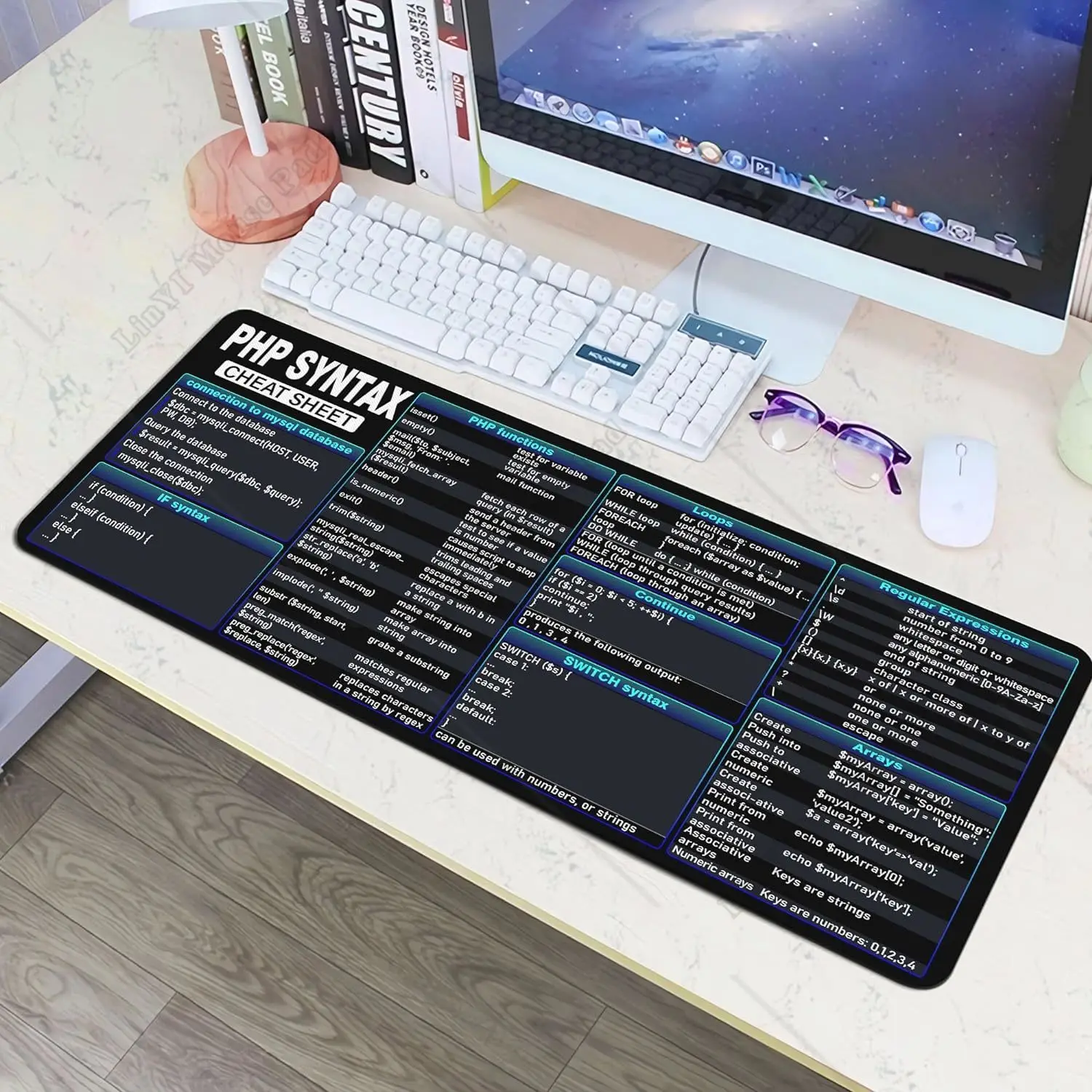 PHP Cheat Sheet Desk Mat for Programmers Developer Desk Accessories Gift Coworker Quick Key Large Anti-Slip Mouse Pad for Office