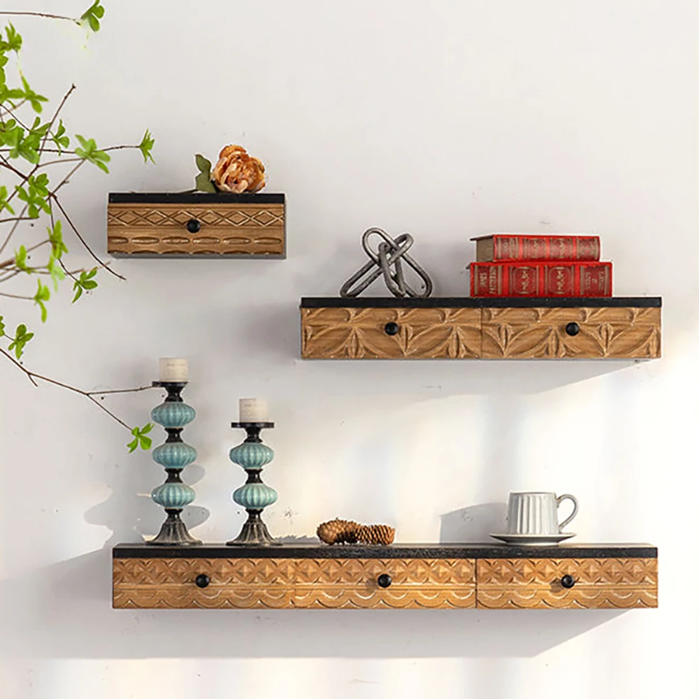 Rustic Wood Wall-Mounted Shelf Wine Rack Stylish Wine Bottle Display Shelf With Drawers Farmhouse Wall Display Shelves