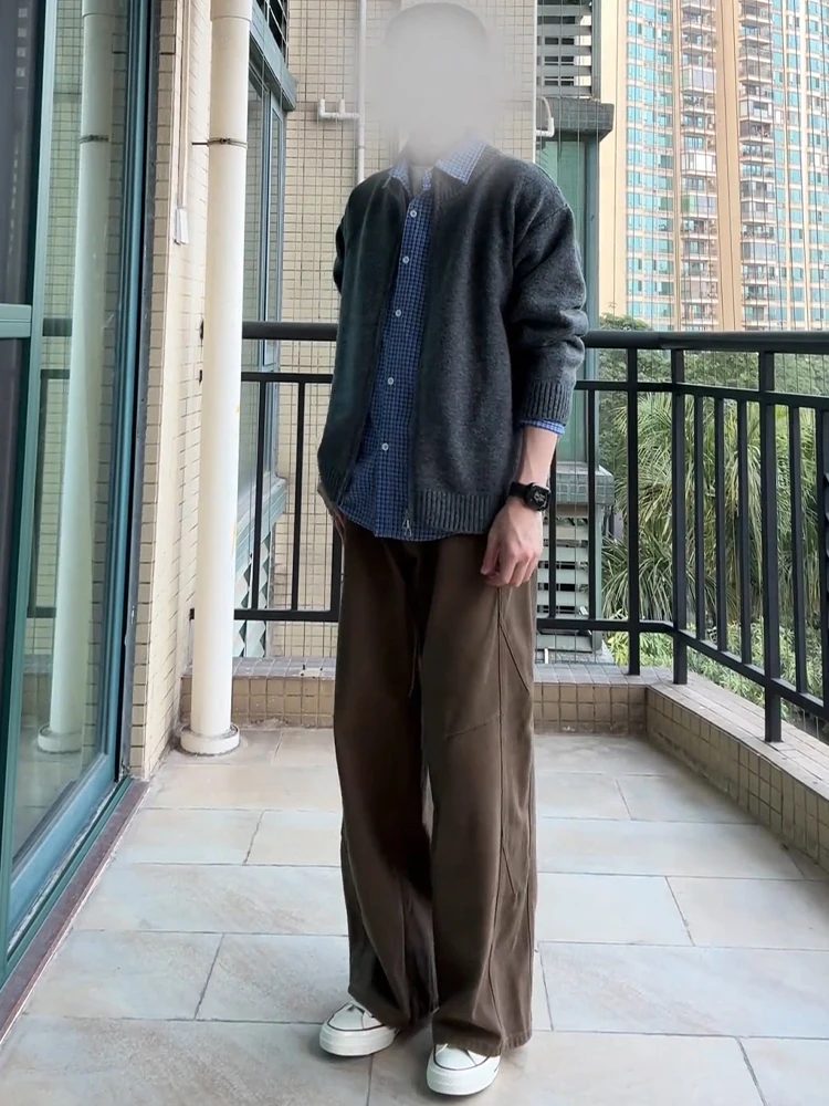 

American Sle Patchwork Slant Cut Straight Leg Workwear Pants Men's Brown Coffee Color Pants Knife Wide Leg Casual Pants