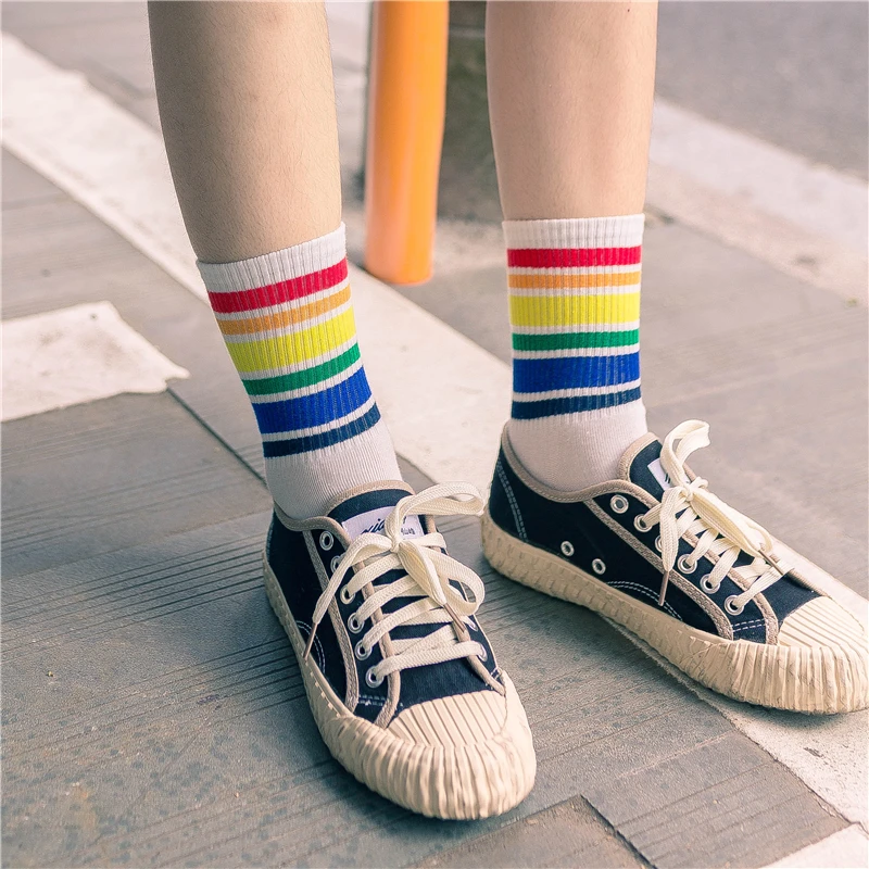 Women\'s Harajuku Rainbow Stripes White Black Cotton Socks Fashion Christmas Casual Tide Streetwear Dropship