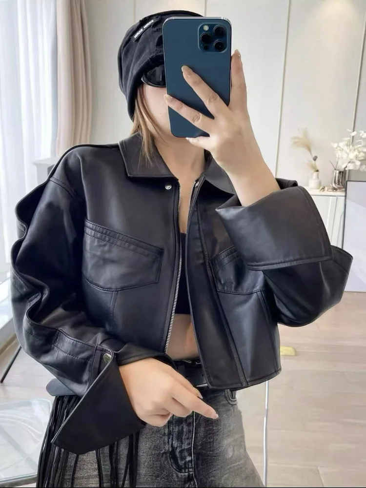 

Fashionable Jacket Women's Spring 2026 Folded Sleeve Leather Coat Stylish Commute Style Zipper Loose Fit Short Length