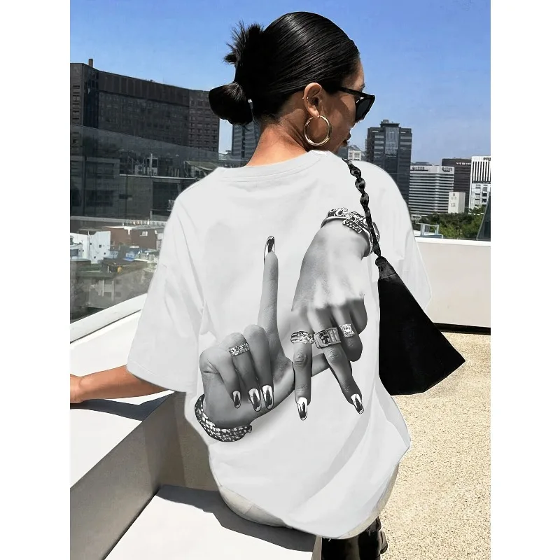 Women'S Elegant Hand Gesture Print T-Shirt - Short Sleeve Crew Neck, Black with White Design