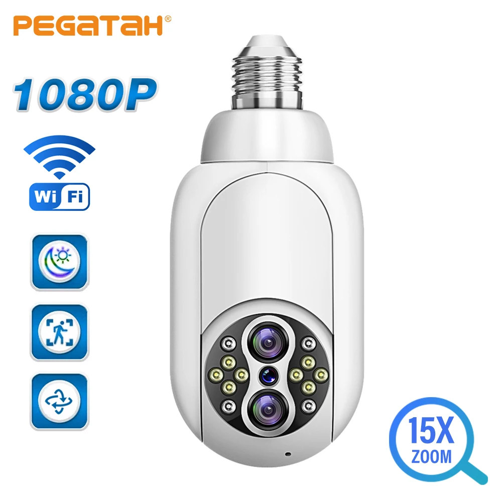 

PEGATAH 1080P E27 Bulb Camera Wifi Dual Lens 15X Optical Zoom PTZ Cam Full Color Night Vision Security Surveillance Cameras