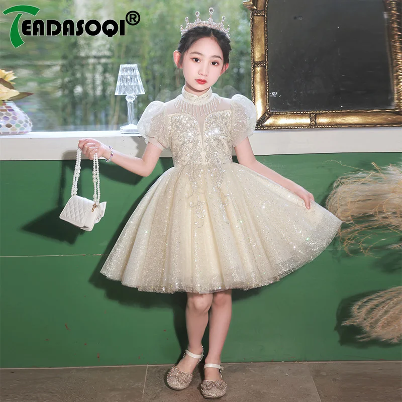 3-14Y Flower Girls Wedding Party Princess Embroidery Lace Dress Children Fluffy Ball Gown Little Girl Piano Performance Costume