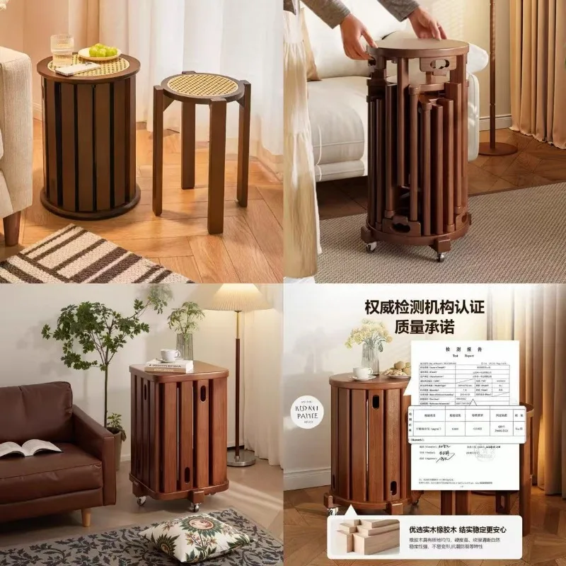 Stackable Solid Wood Round Stools, Modern Chinese Style Low Stools with Casters, Suitable for Kitchen and Dining Room Use.