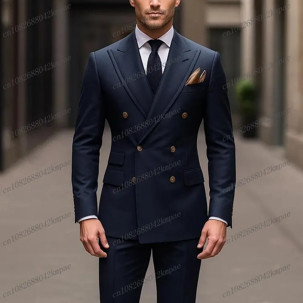 

New Navy Blue Formal Occasion Men Suit Groom Groomsman Wedding Party Prom Business Male Tuxedos 2 Piece Set Blazer Pants