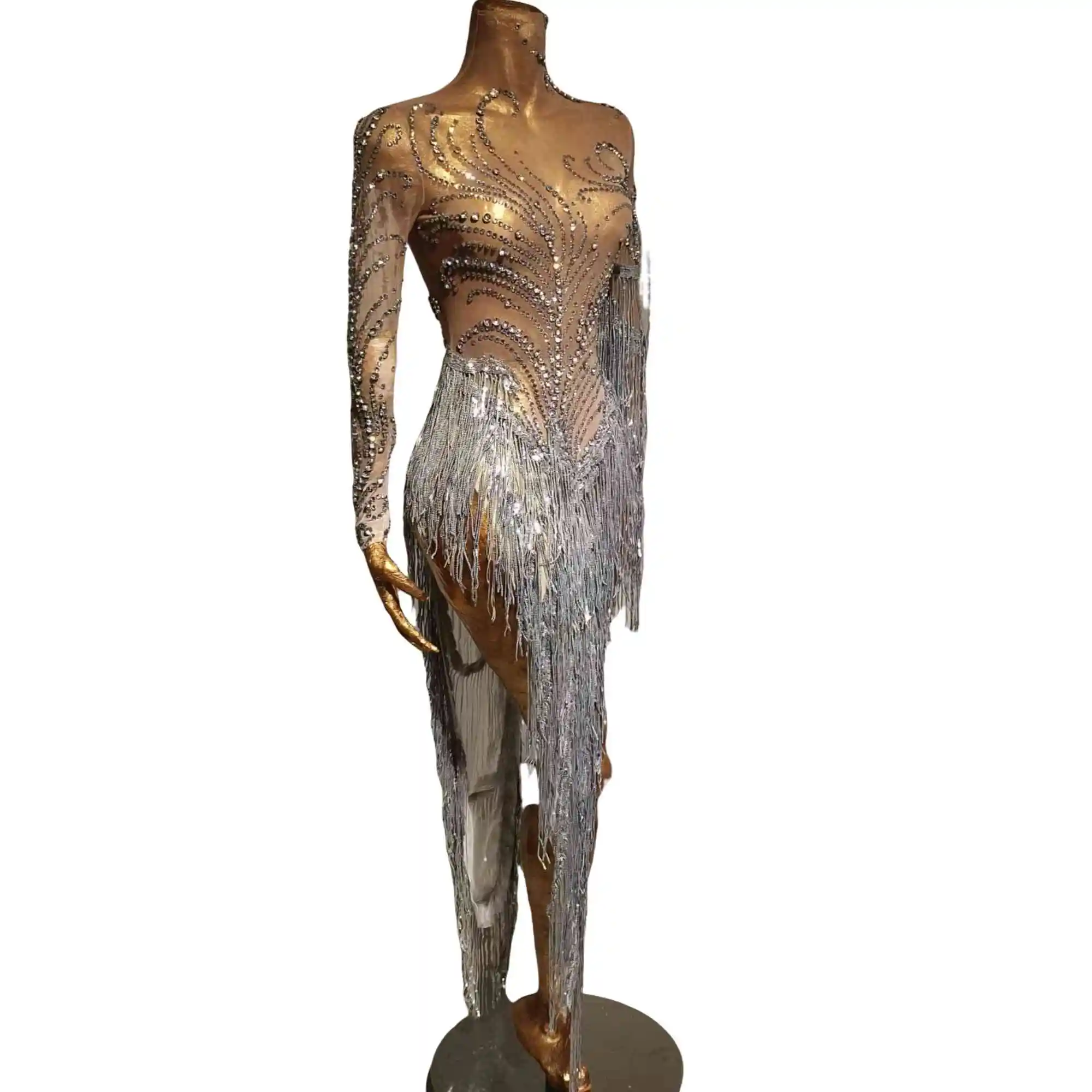 

Sexy Rhinestone Pearls Tassel Event Party Dress Women See Through Mesh Latino Dance Dress Club Bodycon Outfit Show Stage Wear