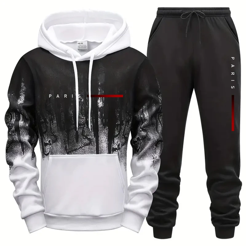 2025 Autumn Winter Paris Printed Daily Casual Men's Tracksuit Jogging Men Versatile Sweatshirts Sweatpants Sports Hoodies Set