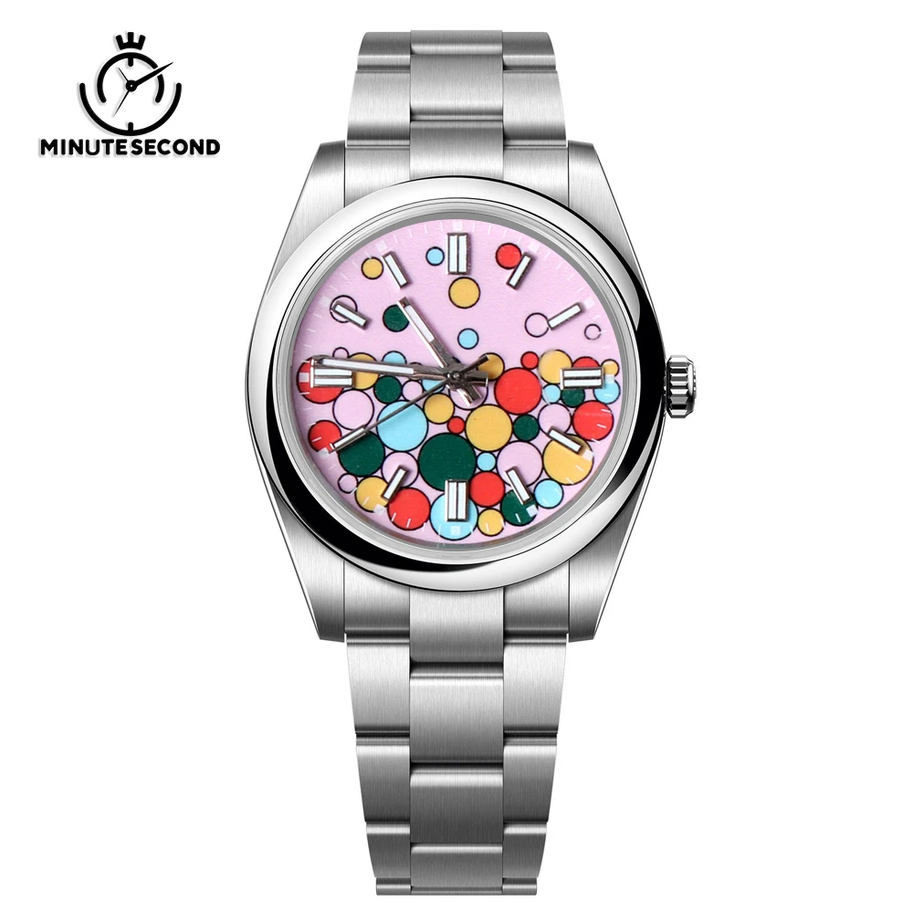 

MINUTECOND NH35 Watch NH35 Pink Dial 50 Meter Waterproof Sapphire Crystal President Strap NH35 Automatic Mechanical Movement