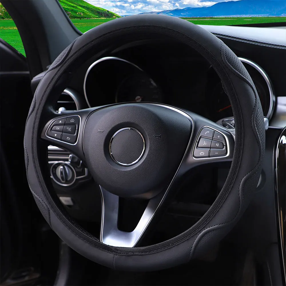 

Защитный чехол на руль автомобиля из искусственной кожи, автомобиль без внутреннего обода, пылезащитный чехол на руль, подходит для салона автомобиля, черный