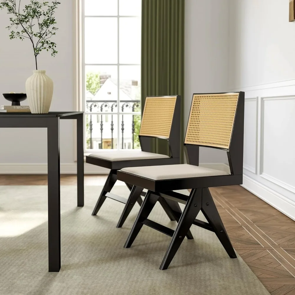 Set di 4 sedie da pranzo moderne in rattan della metà del secolo, sedie da cucina imbottite con schienale in canna intrecciata per sala da pranzo