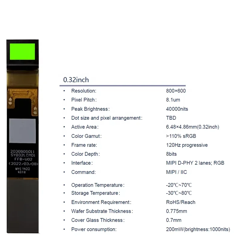 จอแสดงผล OLED ขนาดเล็ก 0.32 นิ้ว, 800x600, 40000nits สําหรับ AR/VR, สายตา, อุปกรณ์ทางการแพทย์, ความร้อน