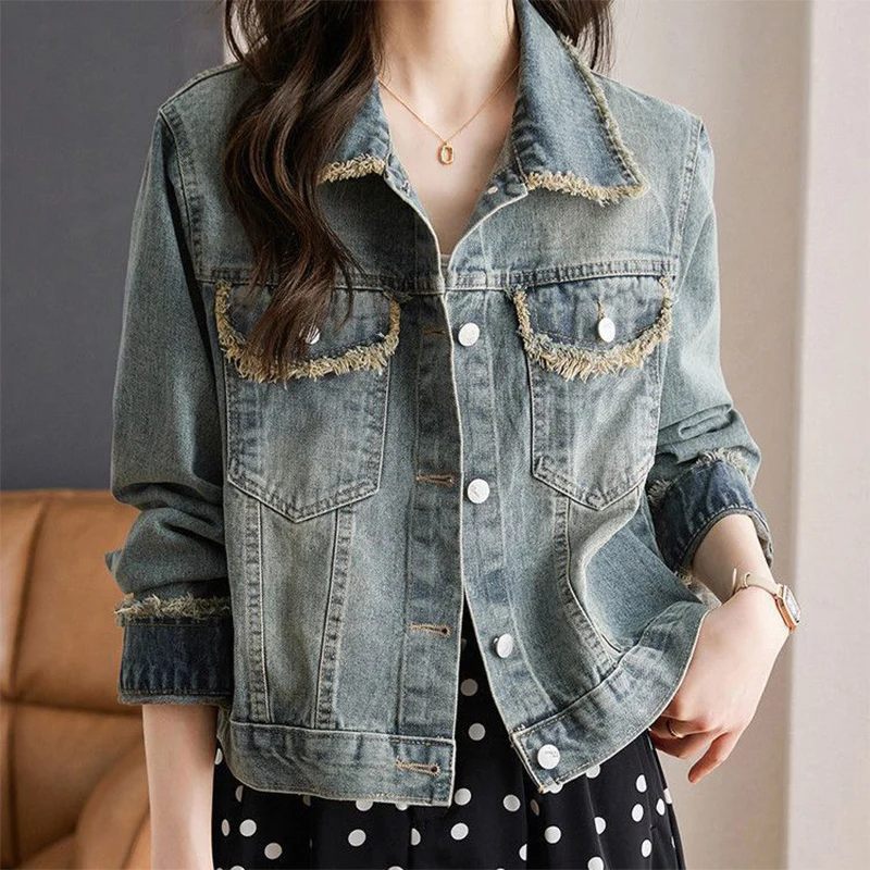 Vintage Single Breasted Denim Jacket Women Spring Autumn Fringed Pockets Short Denim Top Woman Turn Down Collar Outwear Mujer