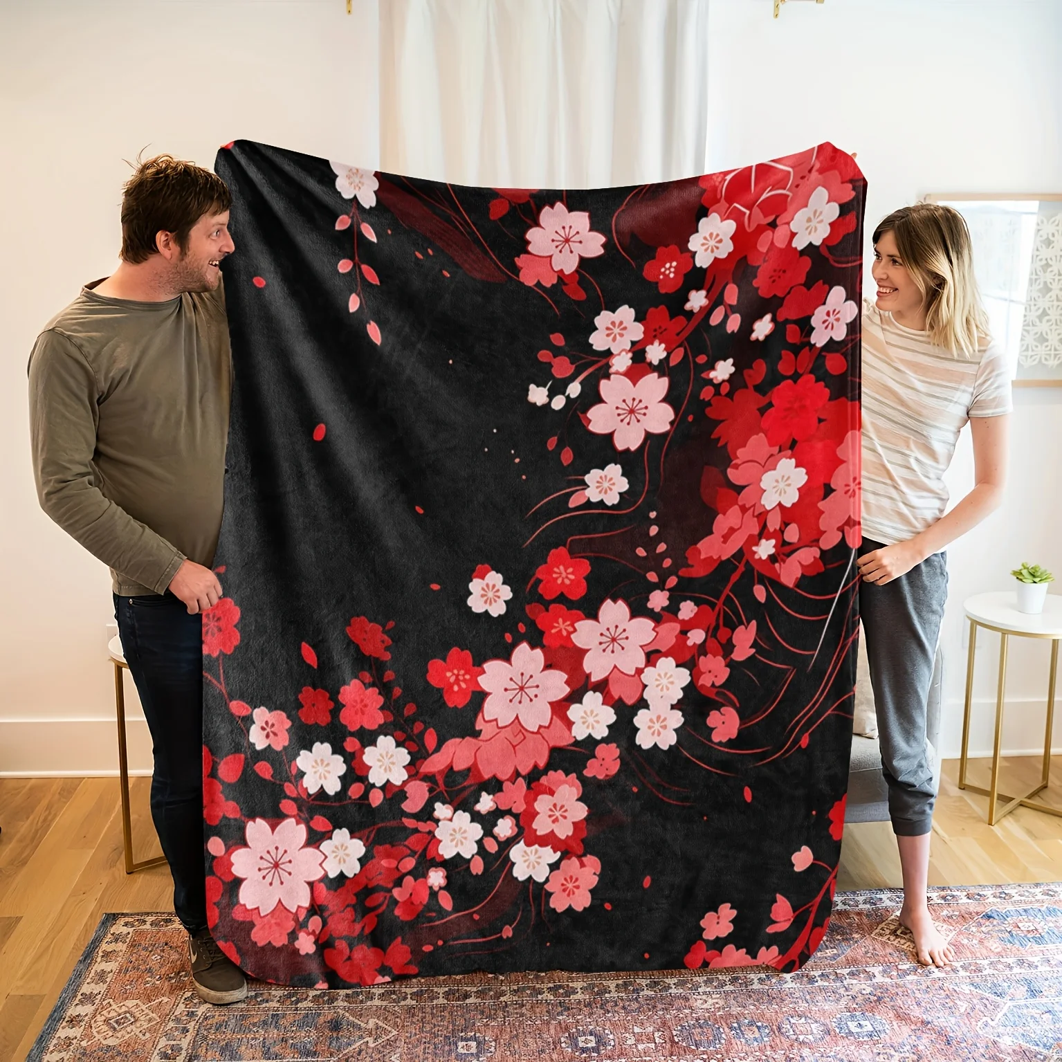 1pc Cherry Blossom Floral Print Flannel Blanket - Soft High-Definition Digital Print, Black with Red & White Flowers, All-Season