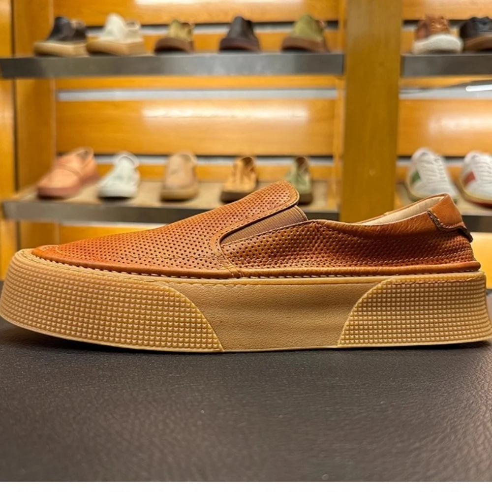 

QHCCID Cowhide Hollow Out Casual Shoes Concise Style Genuine Leather Round Toe Platfo men's Comfortable Breathable Loafers