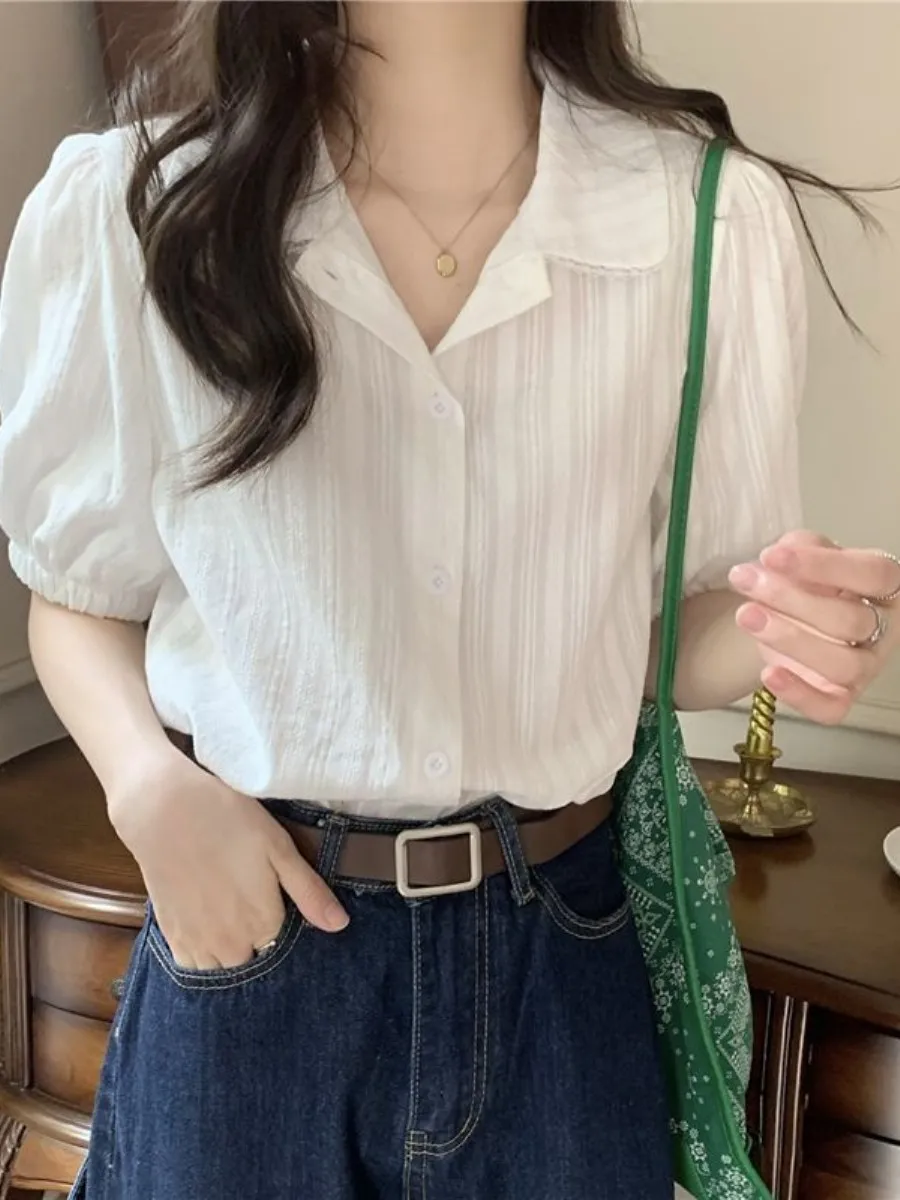 Elegant Cotton Lace Trim Short Sleeve Shirt French Style Inner Wear Casual Summer Top Women's Fashion Trendy Shirt