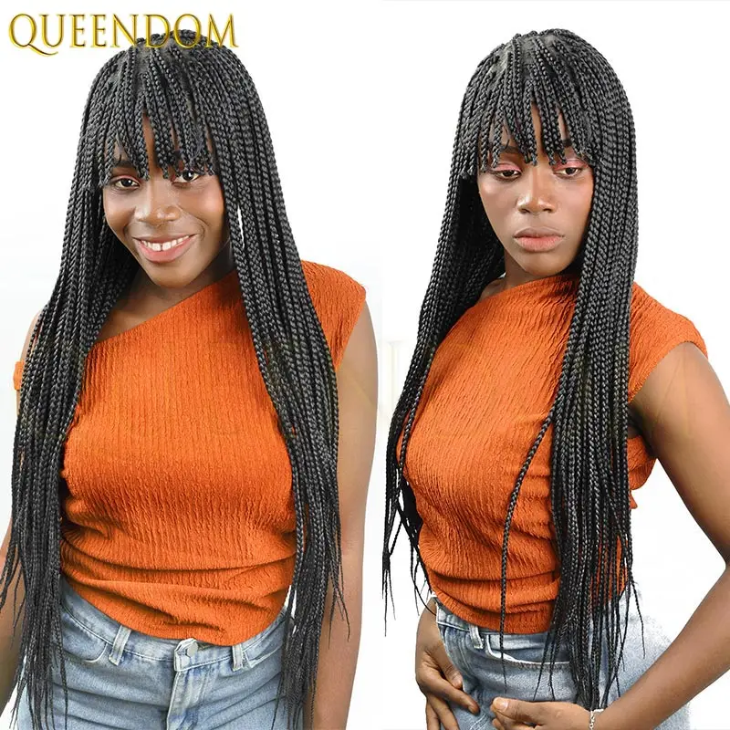 

32-дюймовый полный кружевной синтетический парик богини без узлов, косички в коробке с челкой, искусственный локоны, вязанный крючком, косичка, плетеный парик для женщин