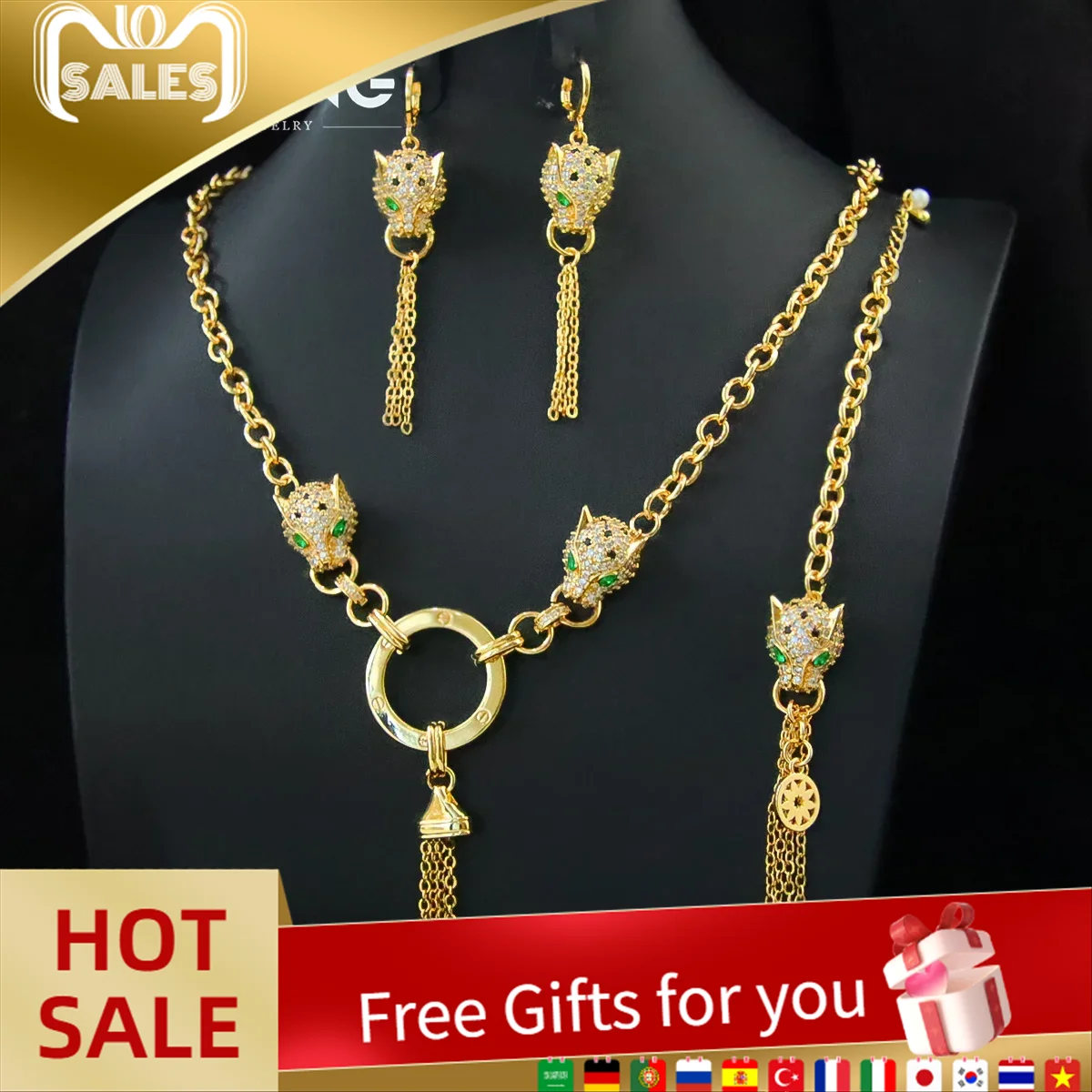

Luxury Dubai Gold Color Leopard Jewelry Set 21k Gold Plated Zircon Panther Necklace Bracelet Earrings Punk Vintage Jewelrys