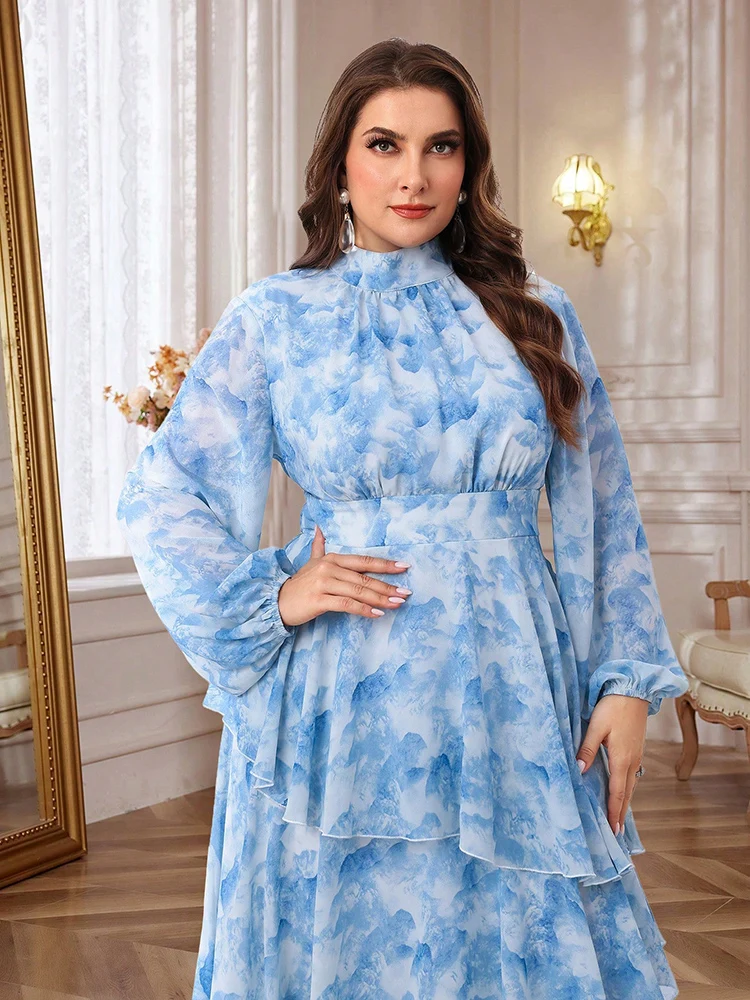 TOLEEN Plus Size Dames Lente & Zomer Tie-Dye Print Opstaande Kraag Lantaarn Mouw Ruche Zoom Jurk 2024 Elegante Formele Jurken