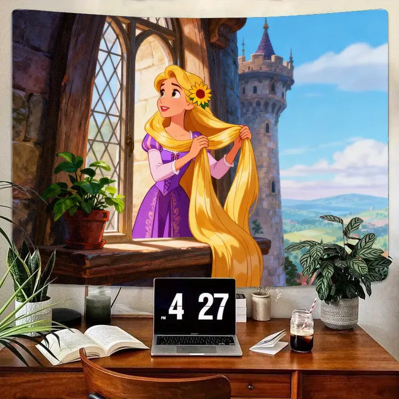 

1PC Rapunzel Tapestry, Disney Princess Tangled Long Hair Wall Art, Fairy Tale Tower Window View Bedroom Decor for Girls