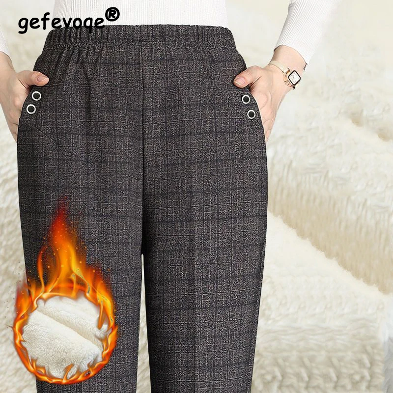 2023Autumn Winter Middle-aged Elderly Women Fashion Lamb Thick Warm Pants Ladies High Waist Elegant Straight Trousers Pantalones