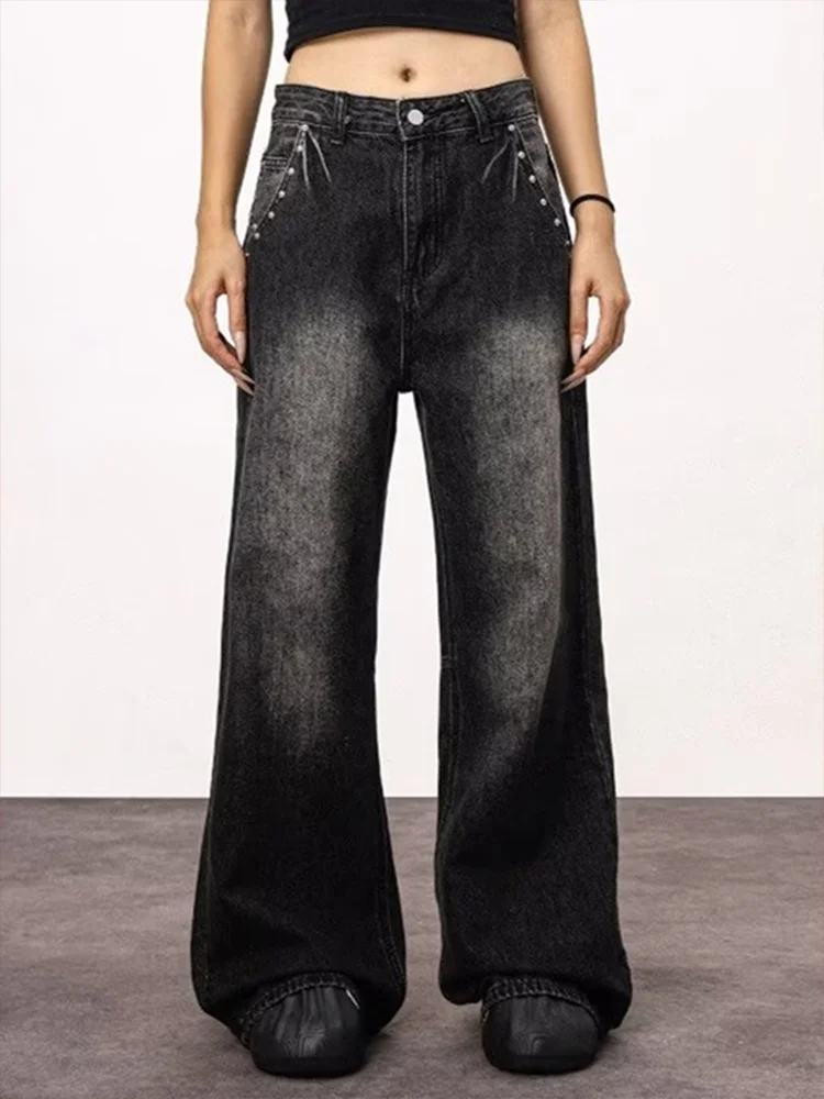 

Women's Black Gothic Casual Jeans Cargo Baggy Y2K American Harajuku Oversize Aesthetic Vintage Jeans Trousers Clothing 2025 New