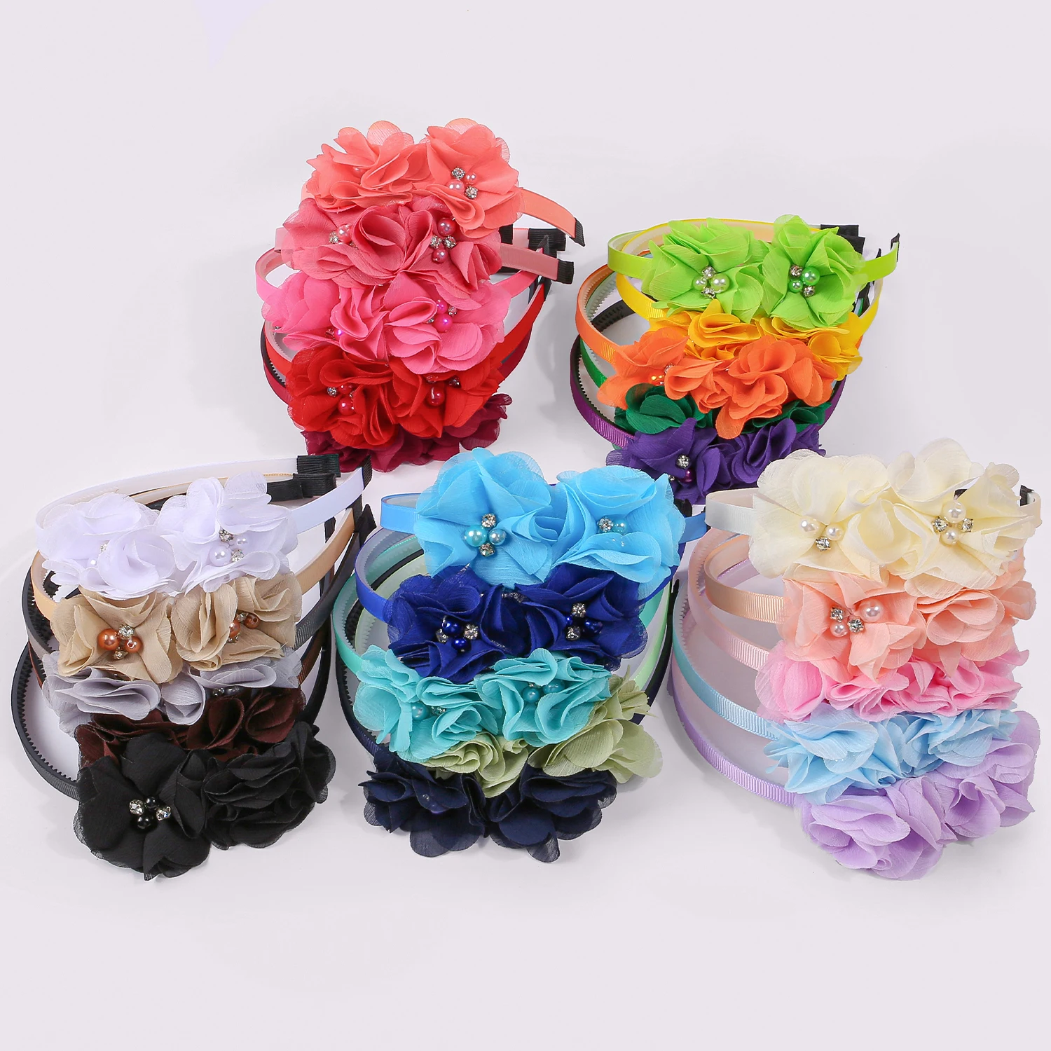 5 قطع من عصابات الرأس البلاستيكية على شكل زهرة شيفون لطيفة، عصابات رأس للفتيات، ملابس يومية، إكسسوارات شعر للفتيات الصغيرات #1