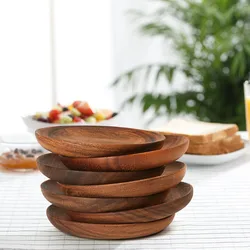 1PC Natural Wooden Dish Round Tray Food Serving Plate Wood Snack Dessert Plate Durable Sturdy Snacks Food Retro Utensils
